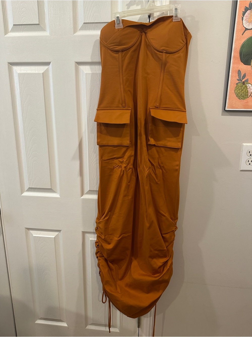 Hanifa Strapless Cargo Pocket Dress in Ochre